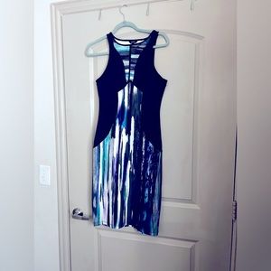Sleeveless, slightly stretchy, black/multi colored (teal/black/purple/tan/cream